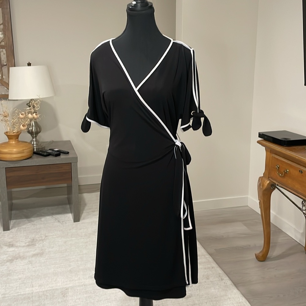 Black Classy Light Knee-Length Lightweight Stretchy Wrap Dress with White Trim
